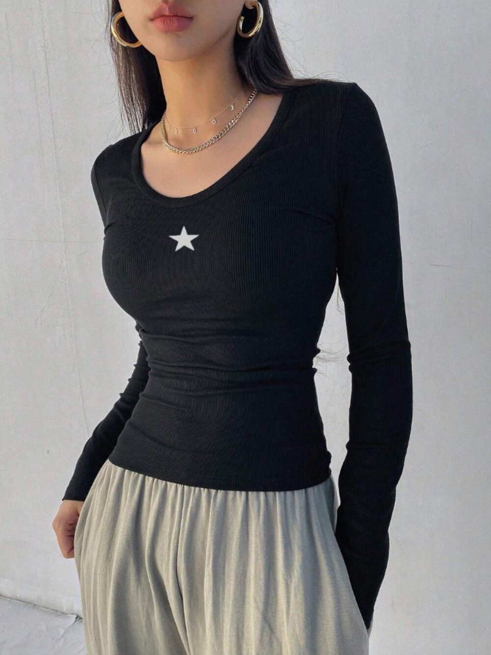 Star Ribbed Star Print Long Sleeve